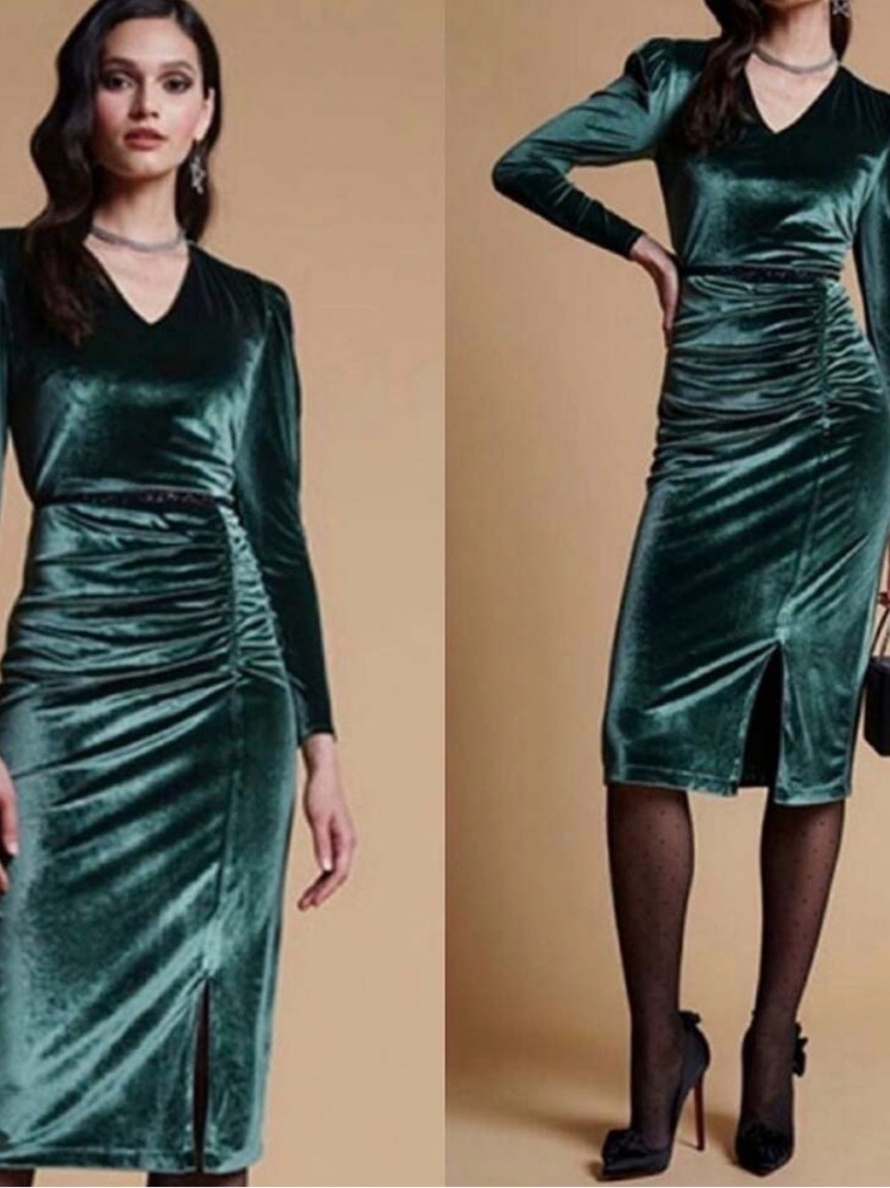 Rachel Parcell Long Sleeve Emerald Green Velvet Ruched Midi Dress size Medium
